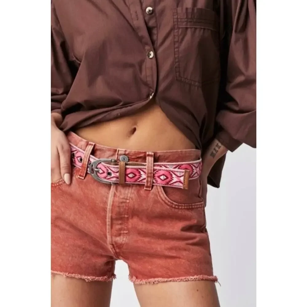 Free People Moving To Mars Cotton Leather Aztec Print Belt Pink White Size S/M